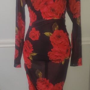 Floral Long Sleeve Dress - Red and Black